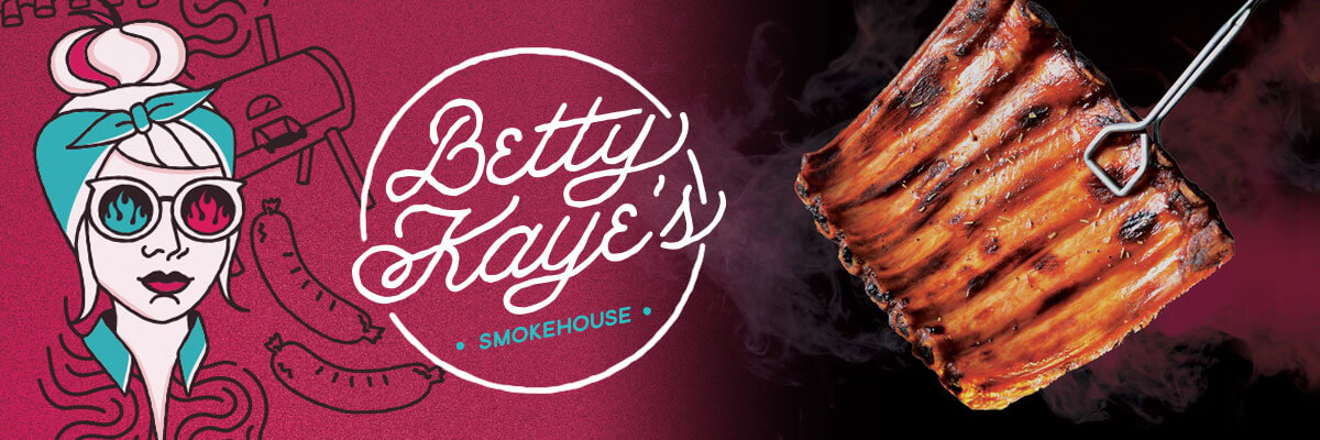 Illustration of woman wearing sunglasses and head scarf alongside Betty Kayes Smokehouse logo and photo of smoked ribs