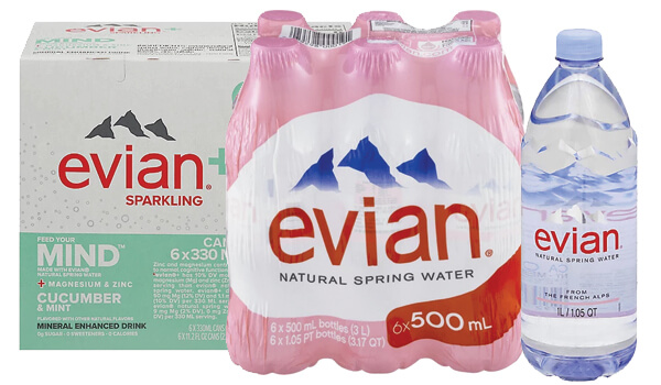Photo of Evian brand drinking water including both regular and cucumber and mint flavor