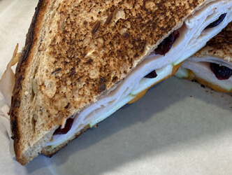 Closeup photo of grilled cheese sandwich with granny smith apples and cranberries