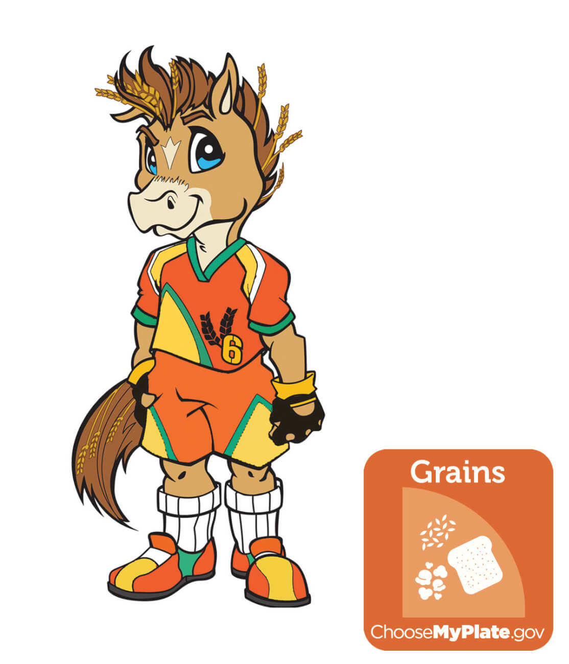Illustration of Kids Crew character Oatis alongside grains food group icon